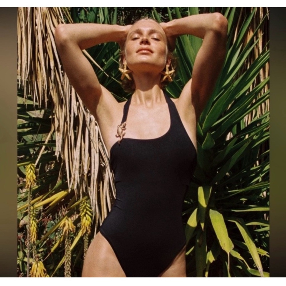 Zara Swim Black Crocodile brooch one piece swimsuit